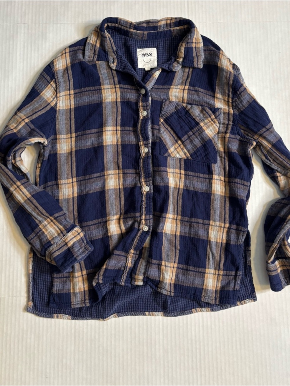 aerie Navy and Tan Plaid flannel Button-Down Shirt size XS chest pocket